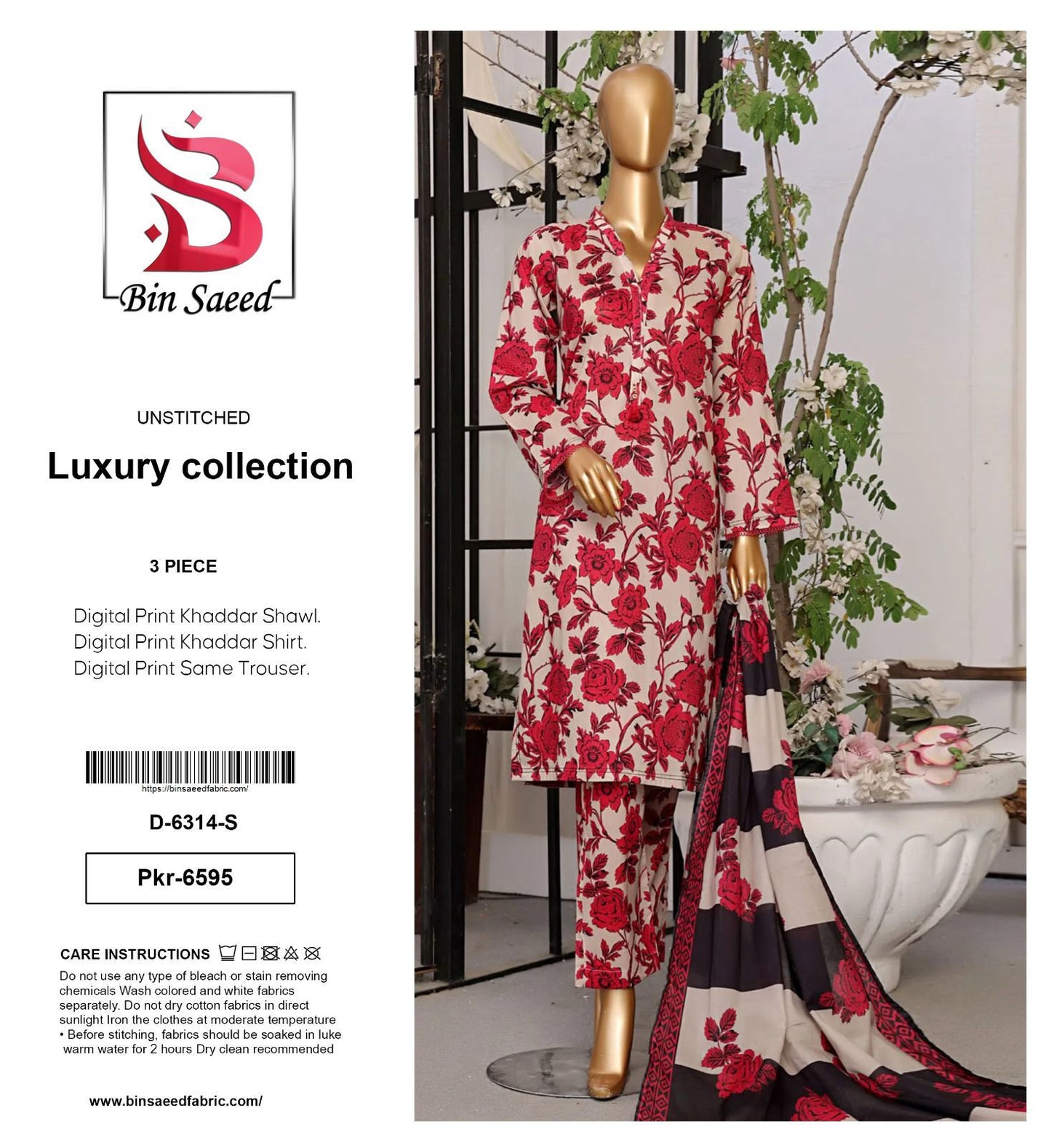 Bin Saeed Premium Printed Khaddar 3-Piece Suit [Unstitched]