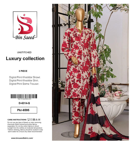 Bin Saeed Premium Printed Khaddar 3-Piece Suit [Unstitched]