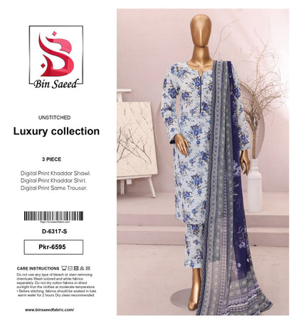 Bin Saeed Premium Printed Khaddar 3-Piece Suit [Unstitched]