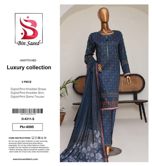 Bin Saeed Premium Printed Khaddar 3-Piece Suit [Unstitched]